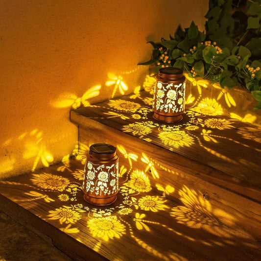 2 Pack Dragonfly Solar Lanterns Outdoor Waterproof Hanging Sunflower Solar Lights Gifts for Women Mom Men Metal Decorative LED Lanterns Outside for Garden, Yard, Patio, Lawn, Porch, Backyard