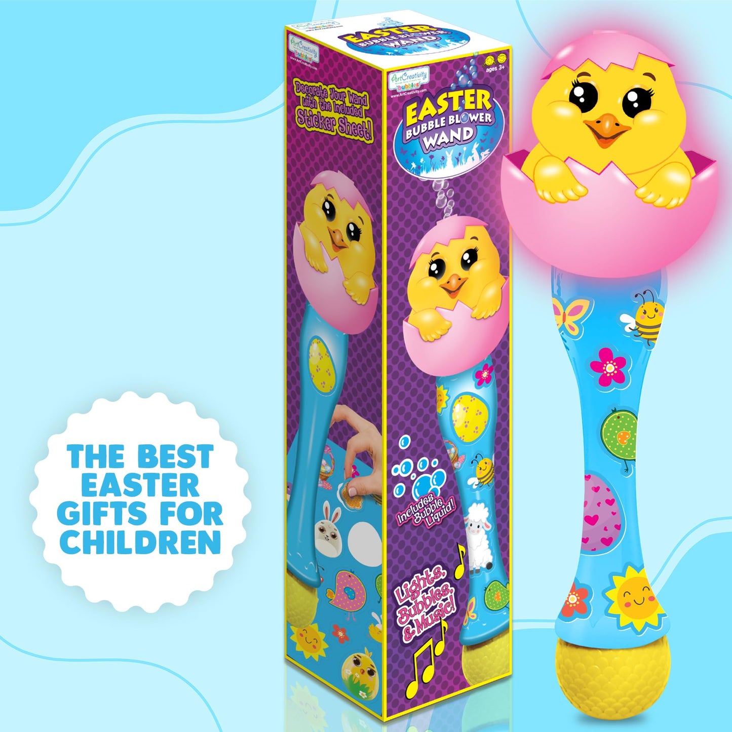 ArtCreativity Easter Chick Bubble Wand, Easter Basket Stuffers for Toddler, 14" Light Up Automatic Bubble Maker with LED & Music, Bubbles for Kids, Toys for Toddlers 1-3