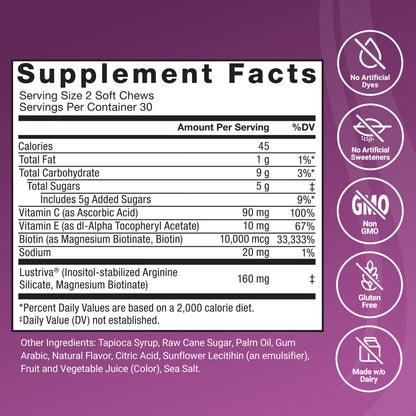 Force Factor Hair Growth Accelerator Soft Chews, Hair Growth Vitamins for Women and Men with Clinically Proven Lustriva and Biotin to Promote Thicker, Fuller, Stronger Hair, Mixed Berry, 60 Soft Chews