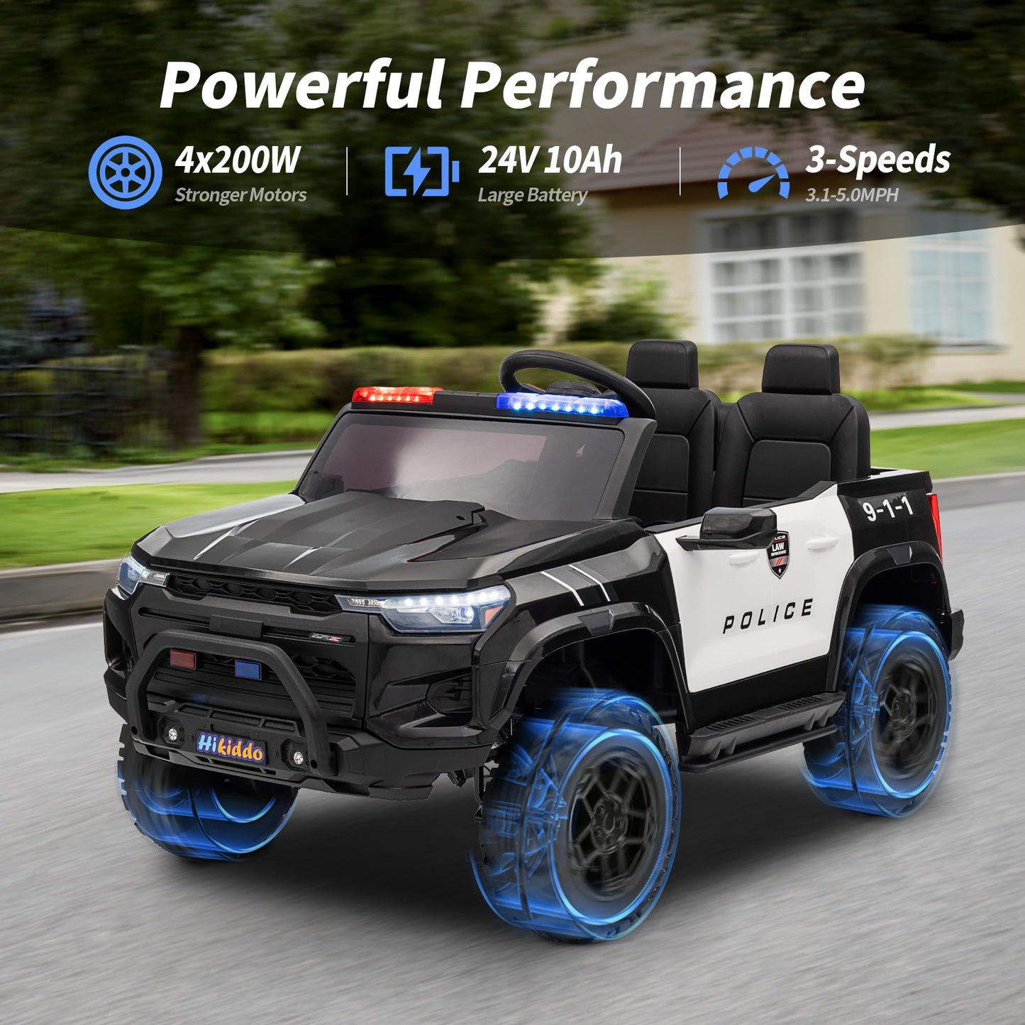 Hikiddo Electric Police Car for Kids 2 Seater, 24V 10AH Ride on Toy for Big Kids with Remote Control, 4x200W Motors, 5mph Max Speed - Black