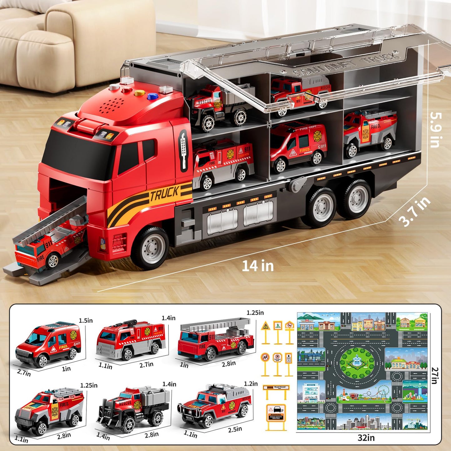 NIPLOOOW Toddler Boys Toys for 3-5 Years Old, Fire Truck Vehicle Set with Play Mat and Die-Cast Toy Car, Transport Carrier Truck for Kids 3-5, Birthday Gifts Toys for 3-8+ Year Old Boys
