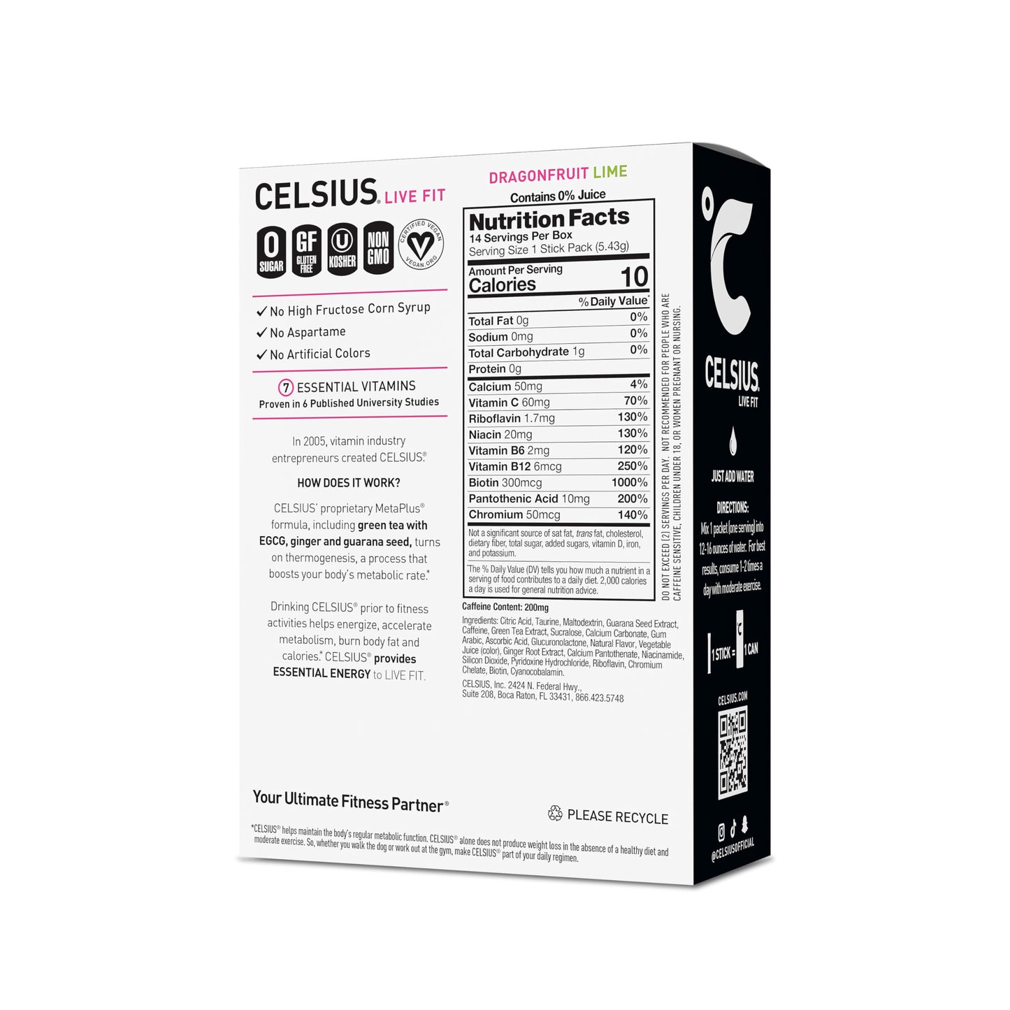 CELSIUS® On-the-Go Powder Sticks Dragonfruit Lime, Essential Energy 2.8 Oz (14 Sticks per Pack)