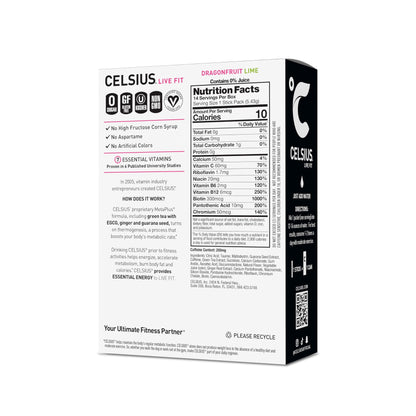 CELSIUS® On-the-Go Powder Sticks Dragonfruit Lime, Essential Energy 2.8 Oz (14 Sticks per Pack)