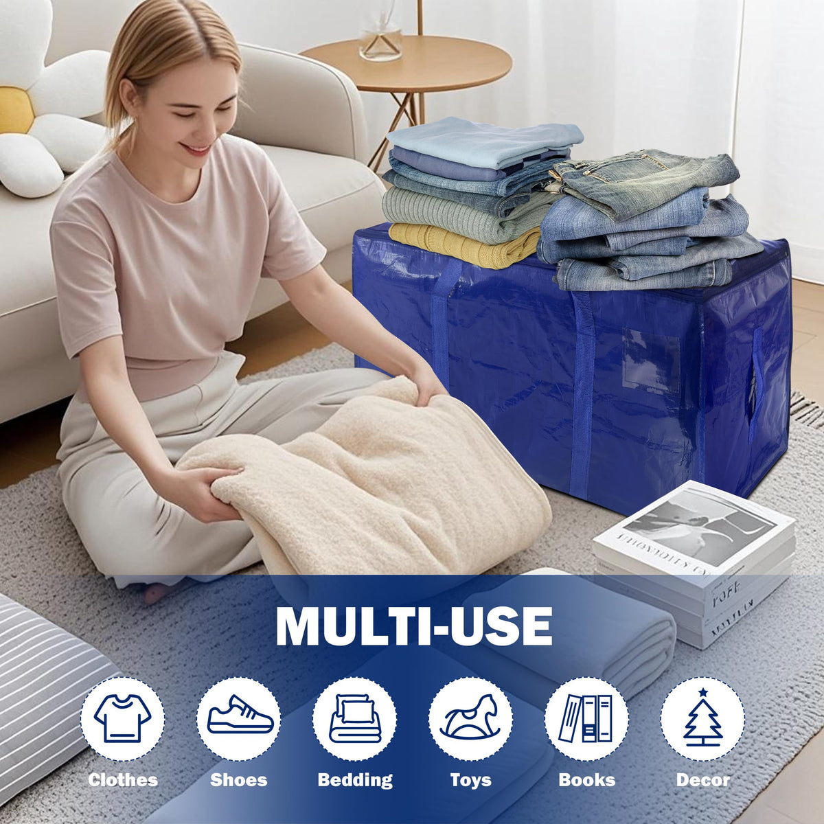 8 Pack Extra Heavy Duty Large Moving Bags with Strong Zipper & Carrying Handles, Sturdy Clothes Storage Bags Totes Bins, Packing Bag Move Boxes College Moving Supplies, Dark Blue - 24 gal