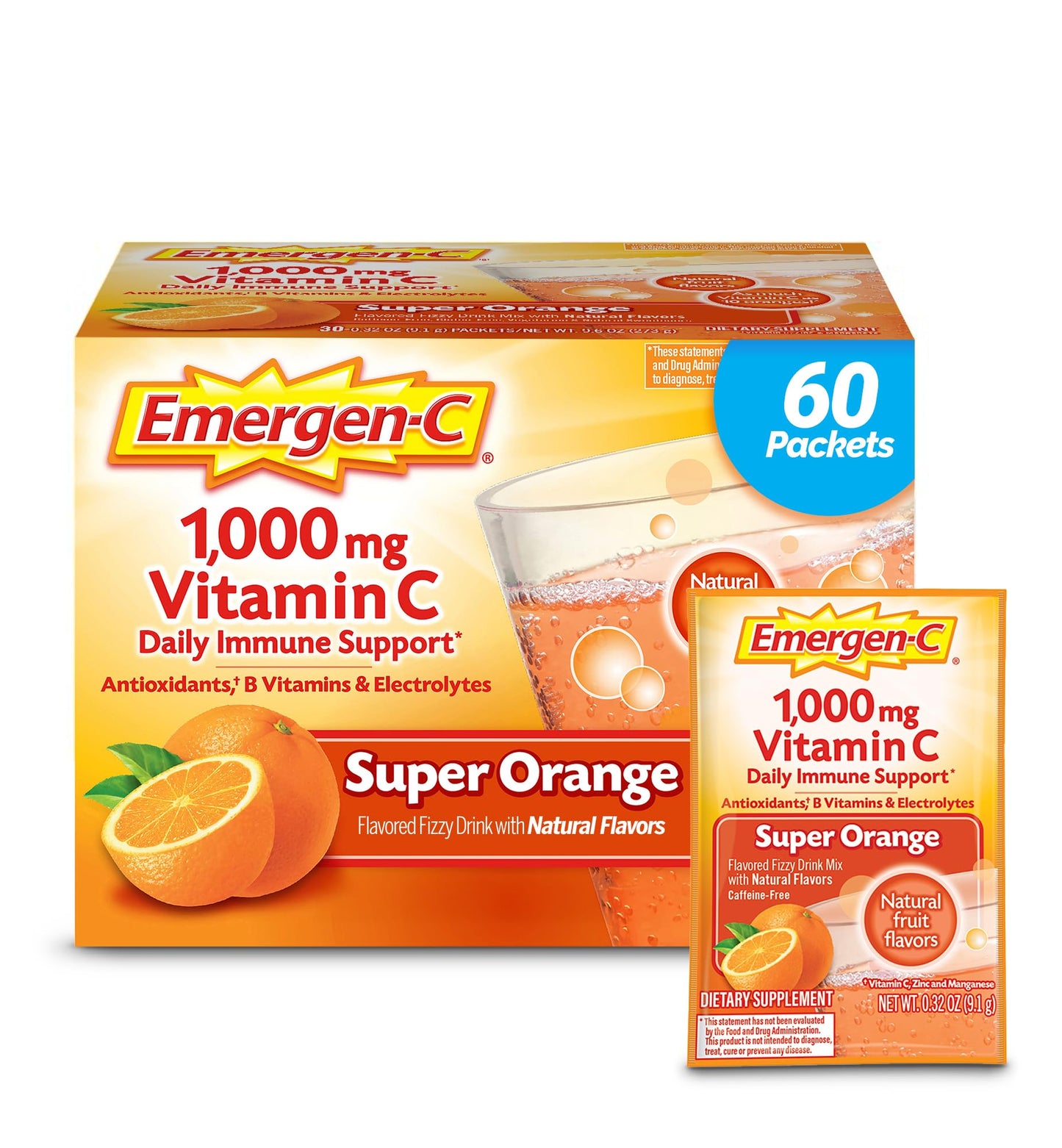 Emergen-C 1000mg Vitamin C Powder for Daily Immune Support Caffeine Free Vitamin C Supplements with Zinc and Manganese, B Vitamins and Electrolytes, Super Orange Flavor - 60 Count/2 Month Supply