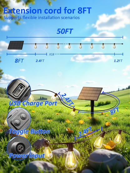 luckystyle 50FT Solar String Lights Outdoor Waterproof with 18+1 LED Bulbs Long Last for 20+Hrs, Commercial Grade Shatterproof USB Patio Solar Powered Lights for Camping，Backyard, Garden, Porch Decor