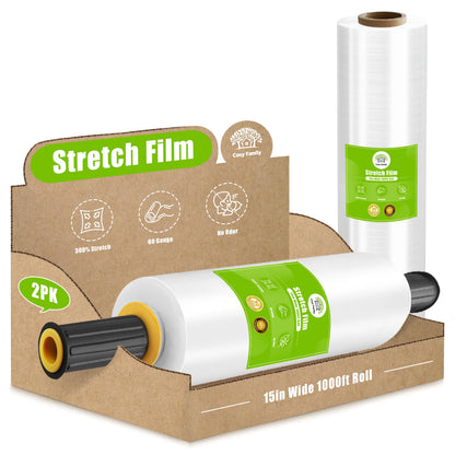 Cosy Family Plastic Wrap Stretch Film Roll - 1000ft 60 Gauge Industrial Strength 15 inch Wide Clear Plastic Wrap Roll with Handles for Pallet Wrapping Shipping Moving - Clear, Pack of 2