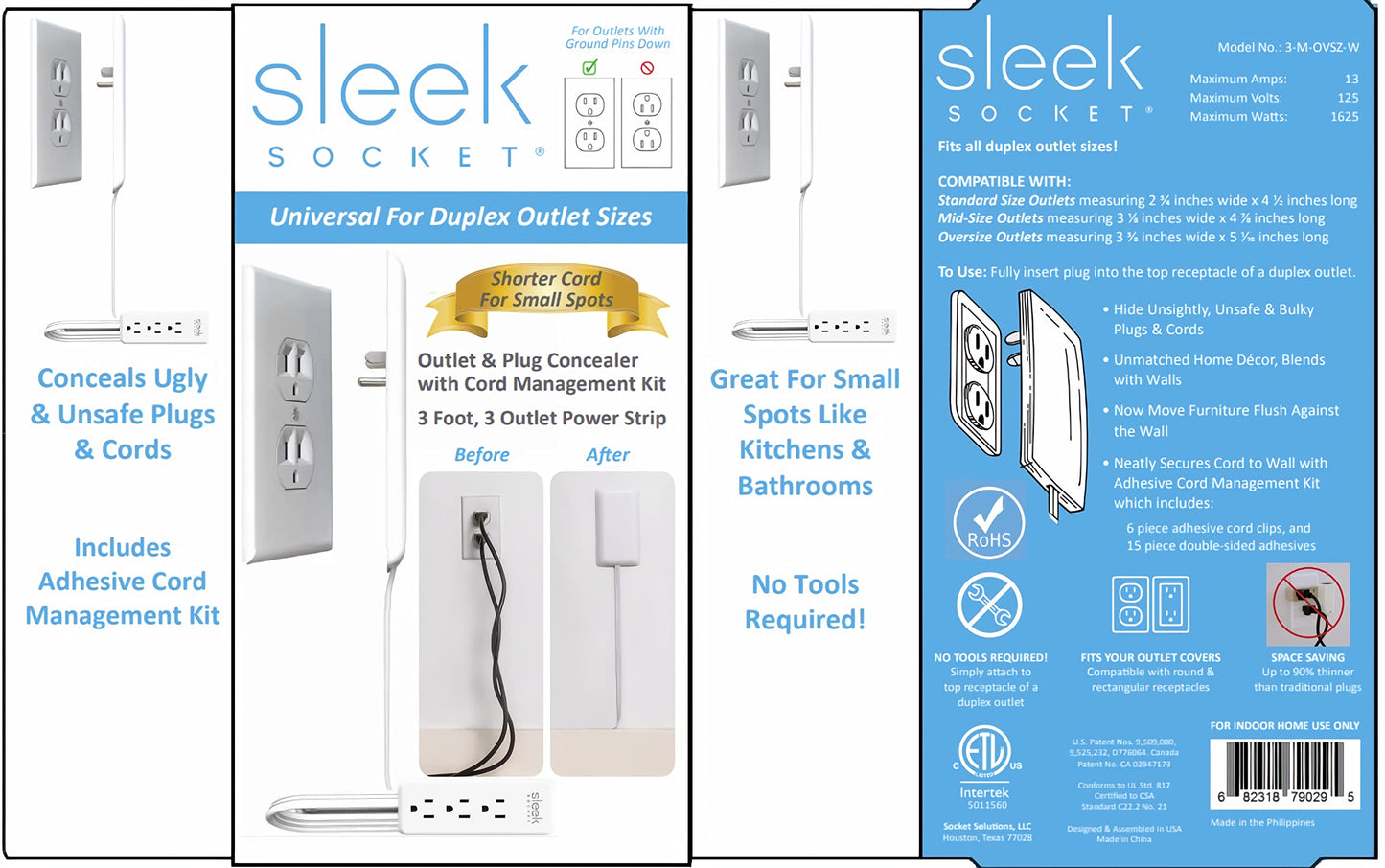 Sleek Socket Original & Patented Flat Ultra-Thin Outlet Concealer with Extension Cord Kit, Multi Outlets Power Strip, Ideal for Home Improvement, Hide Bulky and Messy Cords, 3ft