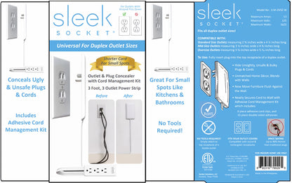 Sleek Socket Original & Patented Flat Ultra-Thin Outlet Concealer with Extension Cord Kit, Multi Outlets Power Strip, Ideal for Home Improvement, Hide Bulky and Messy Cords, 3ft