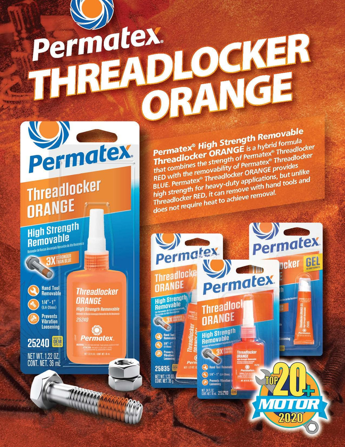Permatex 25210 High Strength Removable Threadlocker Orange Liquid, 10 ml