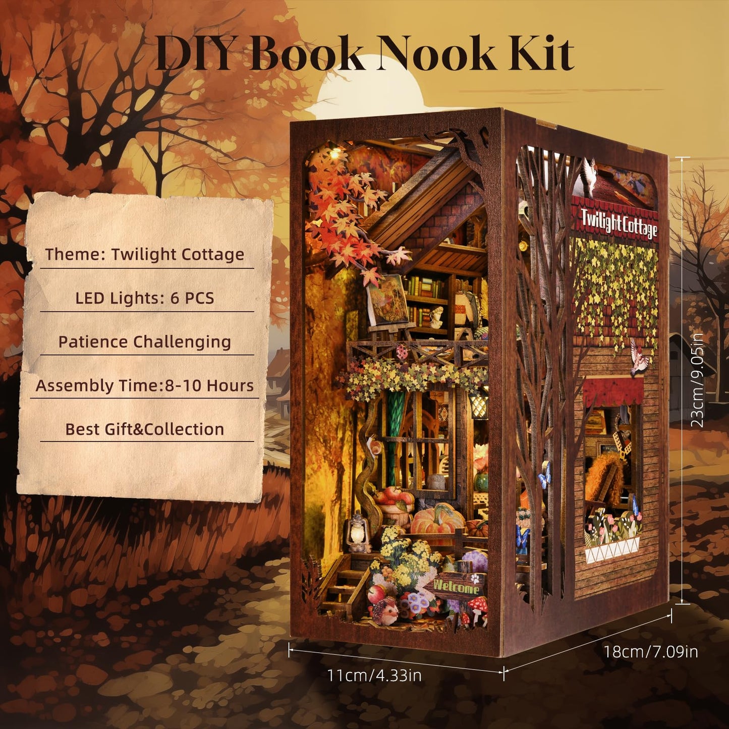 TOYQI Book Nook Kit, Book Nook Kits for Adults, DIY Miniature Dollhouse Kit 3D Wooden Puzzle Booknook Bookend with LED Light