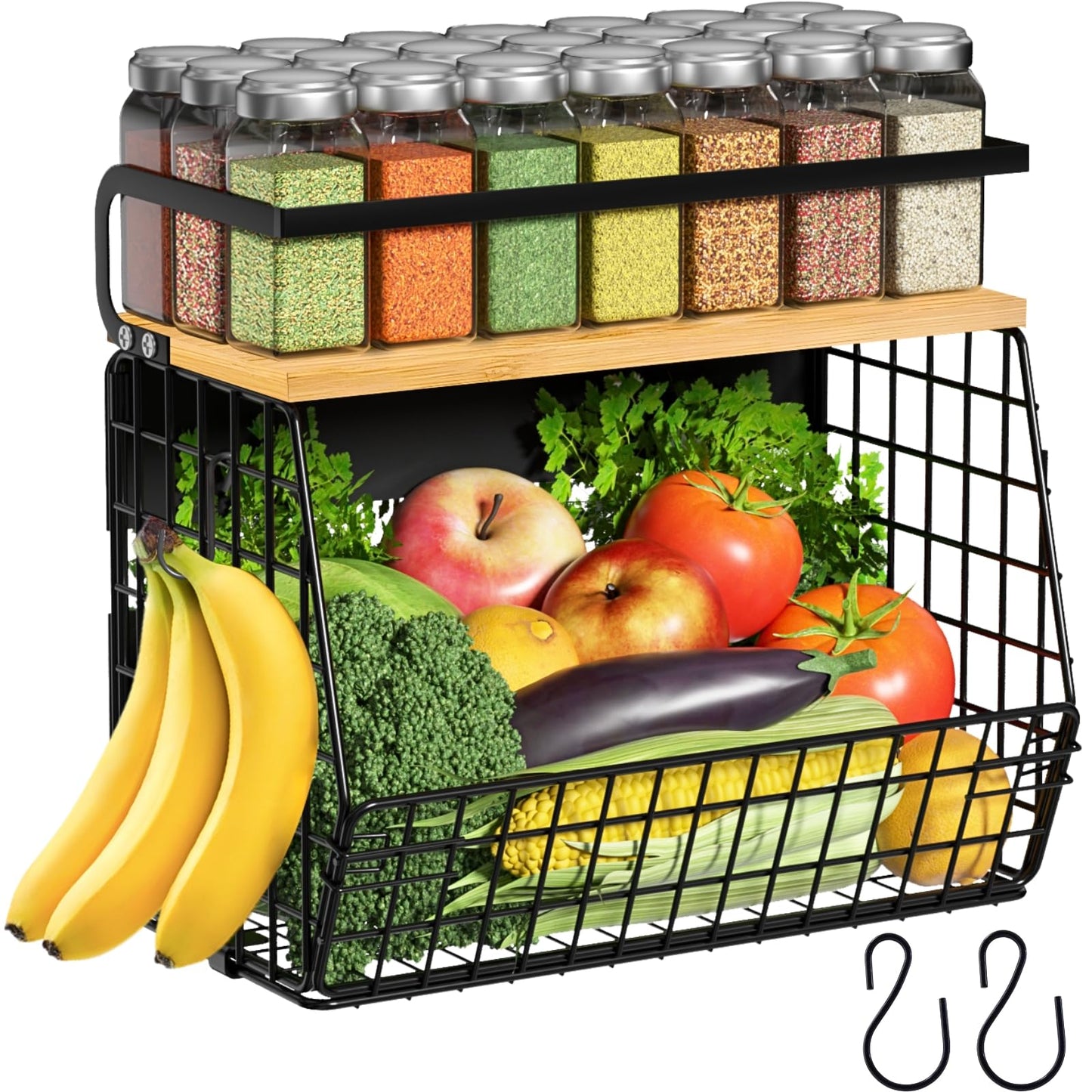 Magnetic Shelf for Fridge with Wood Lid, Fruit Potato and Onion Storage Bins, Pantry Organizers & Storage, Large Container Magnetic Spice Rack for Refrigerator, Kitchen Counter, Cabinet