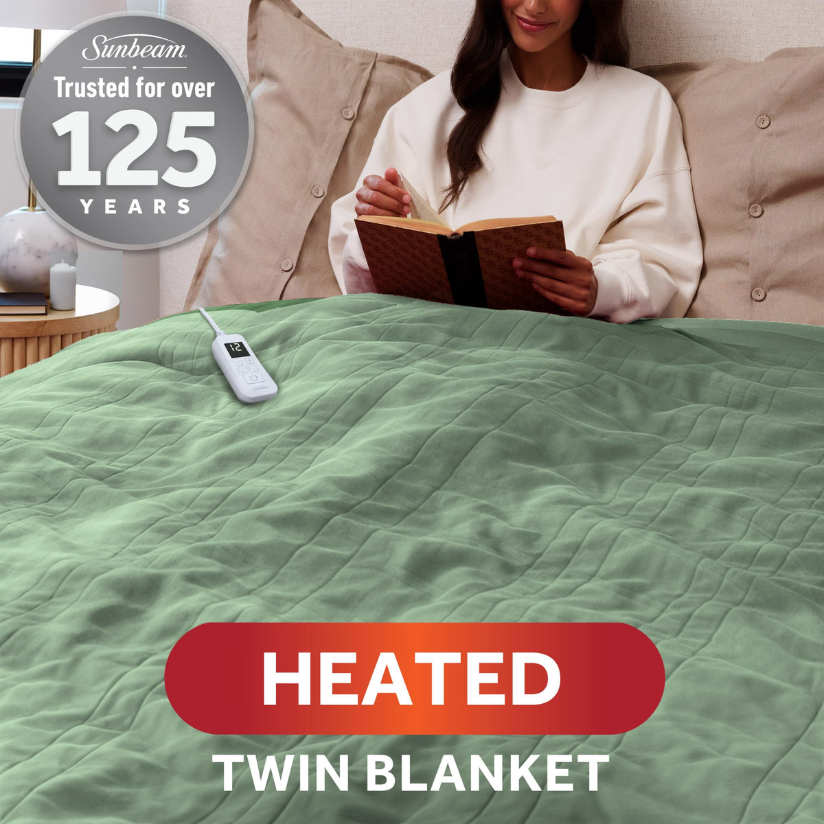 Sunbeam Royal Ultra Fleece Heated Electric Blanket Twin Size, 84" x 62", 12 Heat Settings, 12-Hour Selectable Auto Shut-Off, Fast Heating, Machine Washable, Warm and Cozy, Matcha