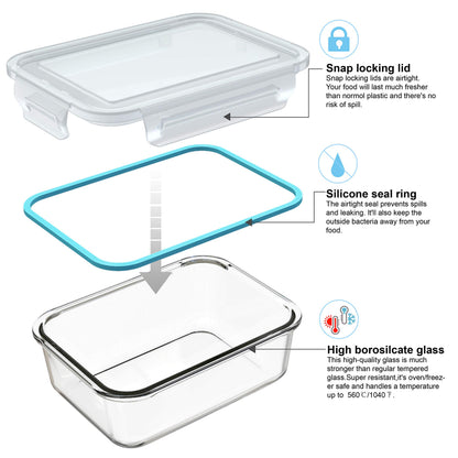 AILTEC Glass Food Storage Containers with Lids, [18 Piece] Meal Prep Containers for Food Storage , BPA Free & Leak Proof (9 Lids & 9 Containers)