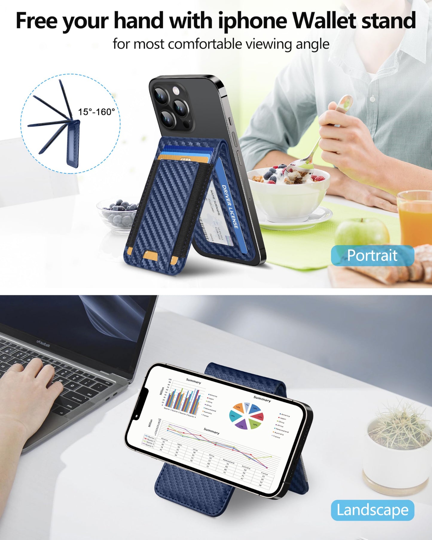 ExtreLife for Magsafe Wallet, Adjustable Stand and Open ID Window, Magnetic Wallet for iPhone 16/15/14 Pro Max/14 Pro/14/14 Plus/13/12 Series, 9 Cards, Blue Carbon Fiber