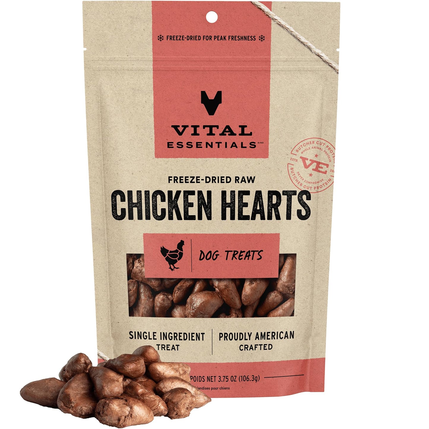 Vital Essentials Freeze Dried Raw Single Ingredient Dog Treats, Chicken Hearts, 3.75 oz | Premium Quality High Protein Training Treats | Grain Free, Gluten Free, Filler Free