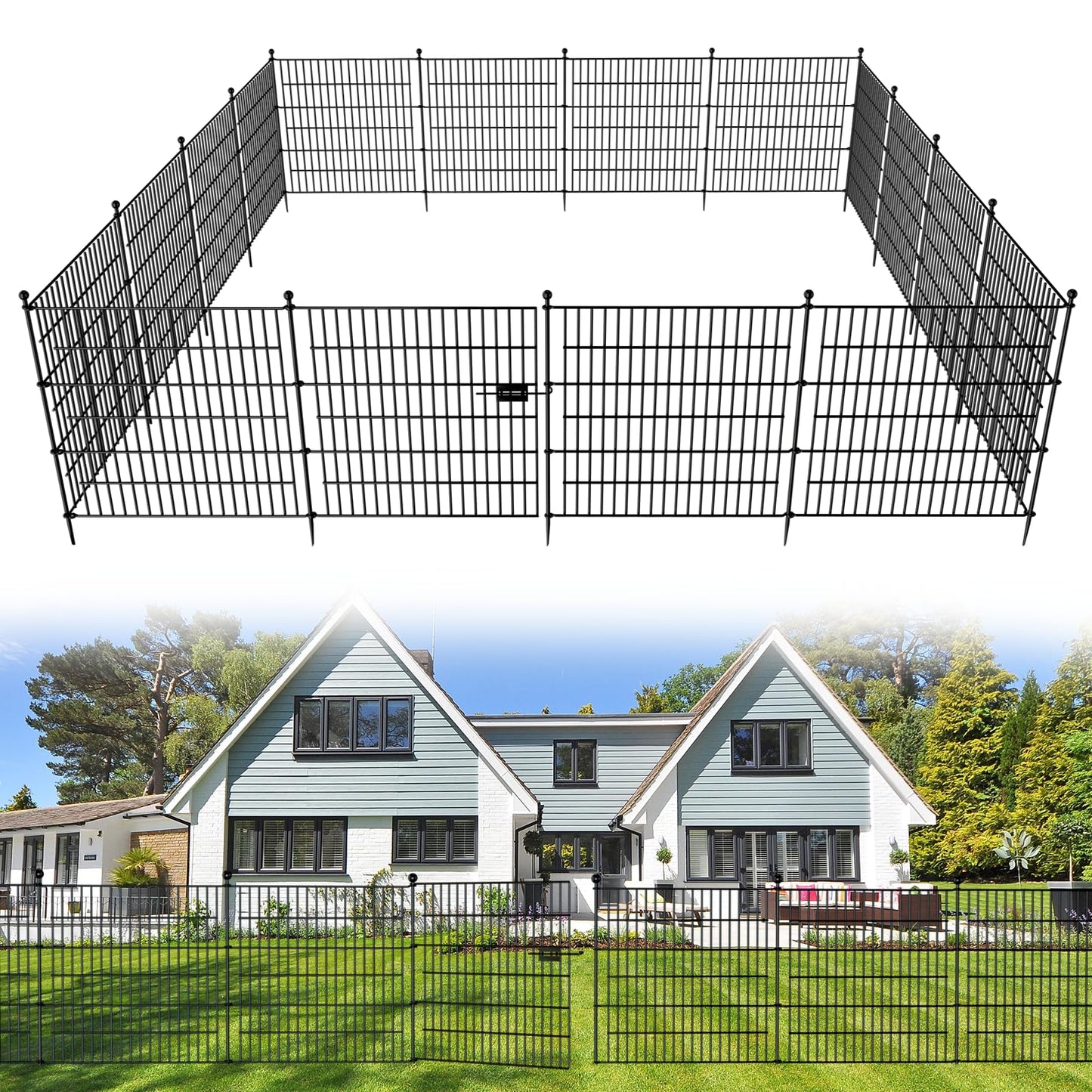 15 Panels No Dig Decorative Outdoor Garden Fence with Gate for Yard, 32 in(H) X 35.4 ft(L) Animal Barrier Fencing Rustproof Metal Wire Panel Border for Dog, Rabbits, and Patio Temporary Ground Stakes