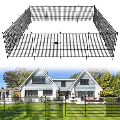 15 Panels No Dig Decorative Outdoor Garden Fence with Gate for Yard, 32 in(H) X 35.4 ft(L) Animal Barrier Fencing Rustproof Metal Wire Panel Border for Dog, Rabbits, and Patio Temporary Ground Stakes