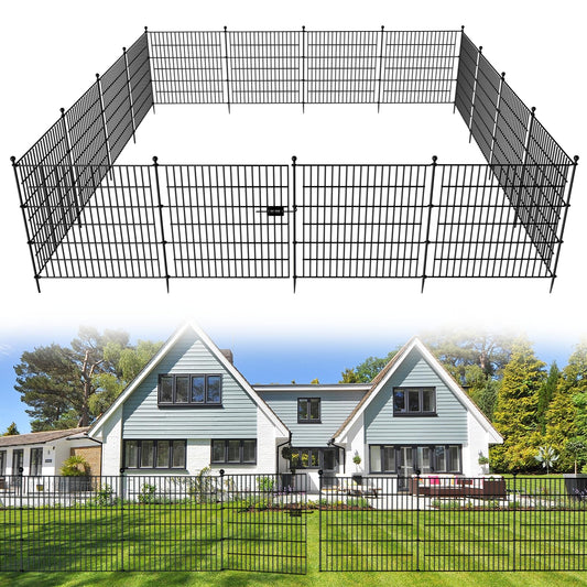 15 Panels No Dig Decorative Outdoor Garden Fence with Gate for Yard, 32 in(H) X 35.4 ft(L) Animal Barrier Fencing Rustproof Metal Wire Panel Border for Dog, Rabbits, and Patio Temporary Ground Stakes