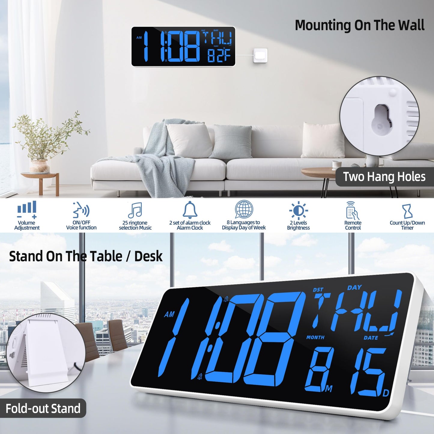 TXL 13 Inch Large Digital Wall Clock with Remote Control,LED Desk Clock Digital with DST/Calendar/Temperature/Timer Function, Auto Dimmer Digital Clock Large Display for Classroom/Office(Blue)