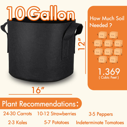 Gardzen 10-Pack 10 Gallon Grow Bags, 300G Thickened Aeration Fabric Pots with Handles, Heavy Duty Cloth Pots for Plants