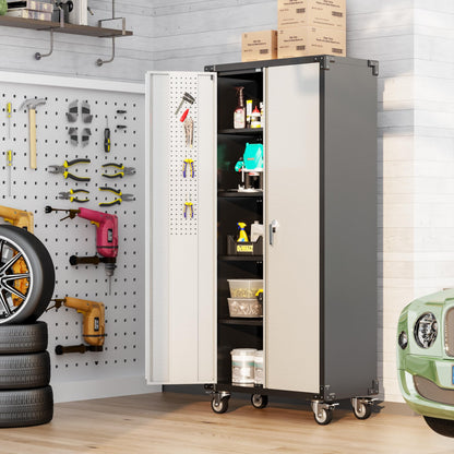 Reemoon 72" H Metal Garage Storage Cabinet with Wheels, Rolling Tool Storage Cabinet with Pegboard and 4 Adjustable Shelves for Garage Home Office Utility Room,Required Assembly