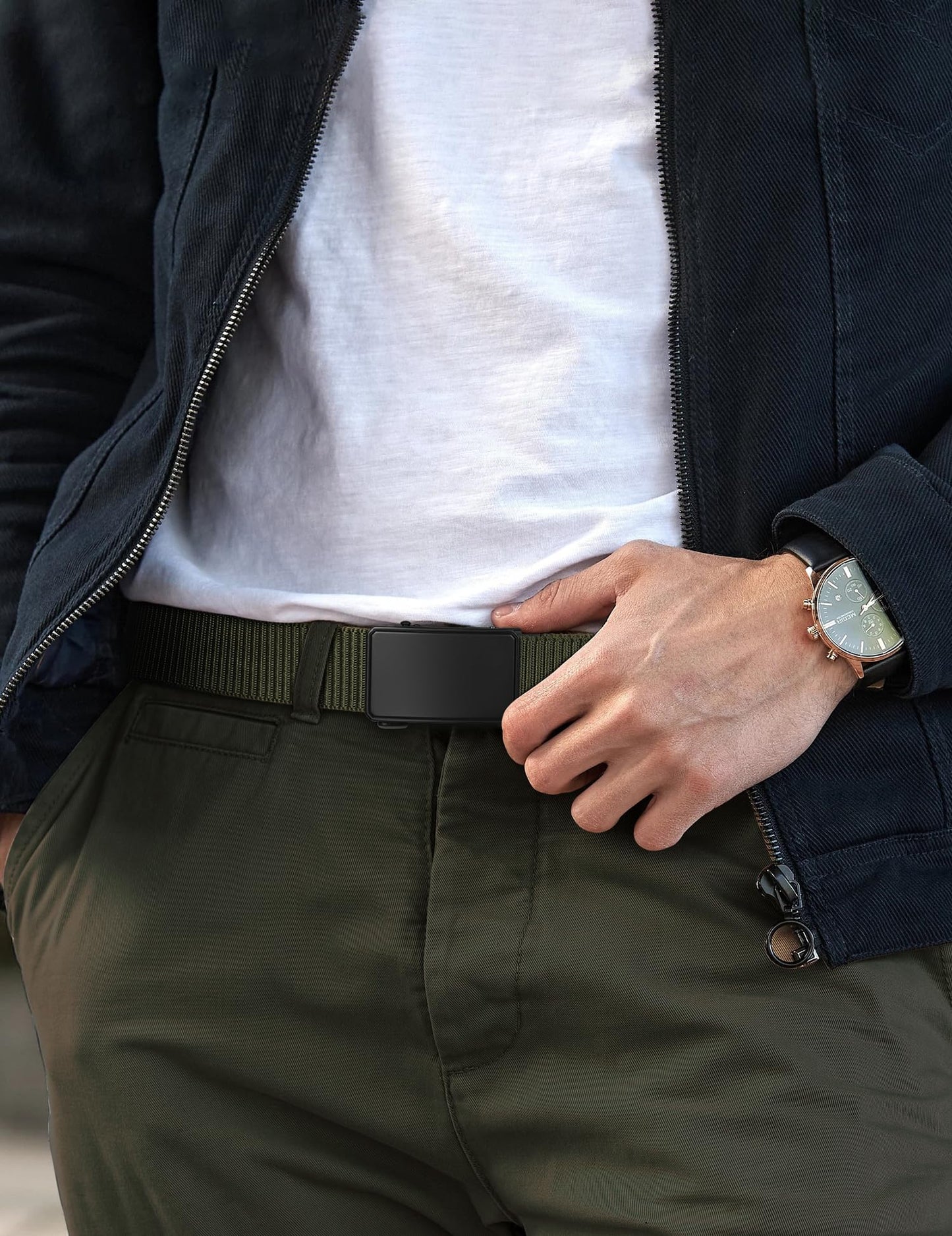 JUKMO Men's 1.5" Nylon Ratchet Belt, Casual Web Click Tactical Belt with Slide Buckle for Jeans, No Holes Adjustable Trim to Fit(Army Green,Medium)