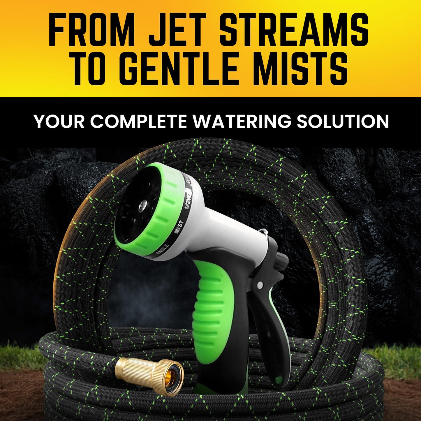 PowerFlow Garden Hose, NON-EXPANDABLE 25 Feet Premium Quality Stainless Steel Metal Water Hose with Durable Fabric Skin, Hose For Commercial, Residential Use, Bonus 10-way Spray Nozzle (25 Ft, Black)