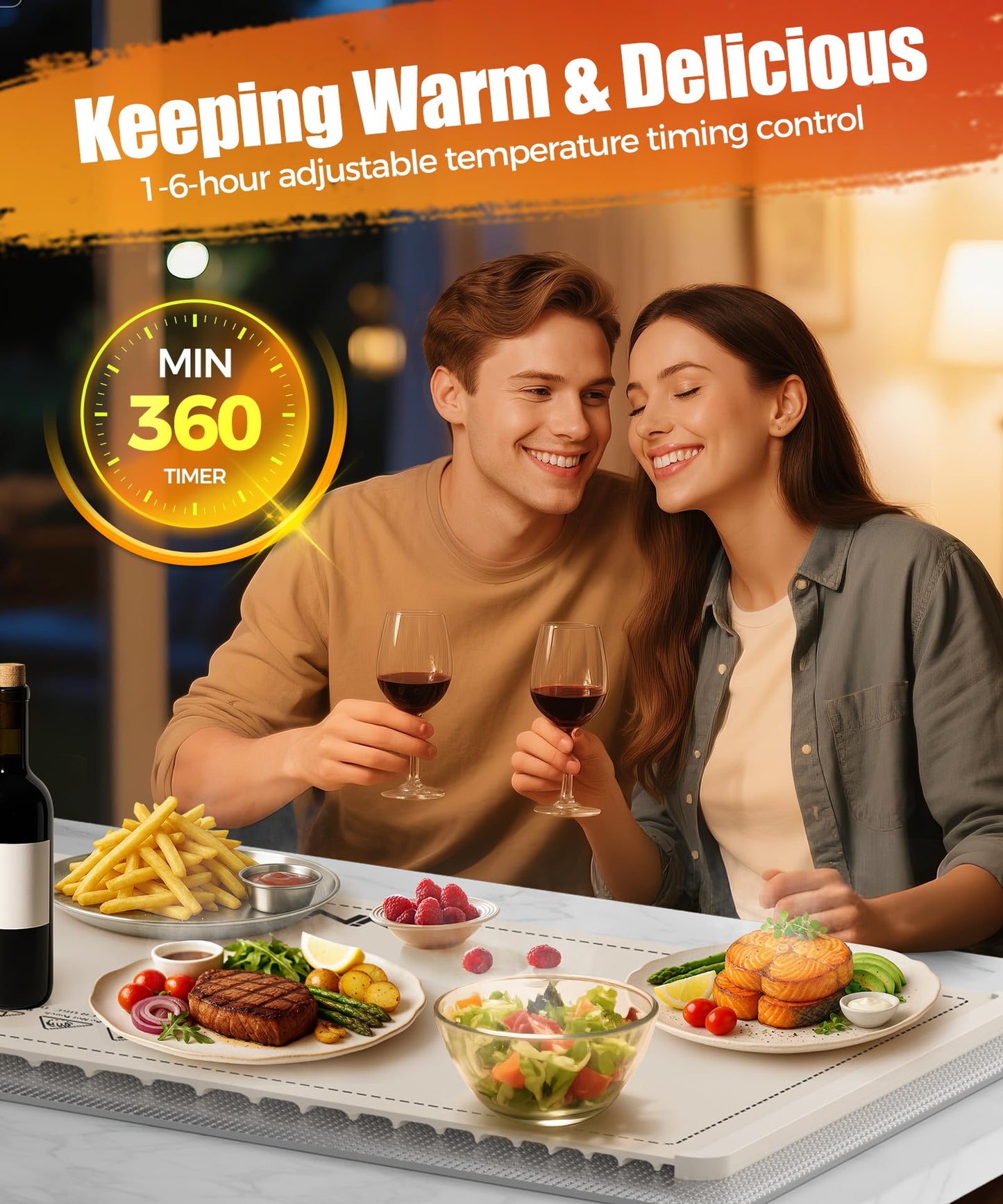 Extra Large Food Warming Mat with Heat-Resistant Pad, 36X15 Inch, 6 Temperature & 6 Timer Settings, Child Lock Safety, Fits More Dishes for Family Dinners and Parties