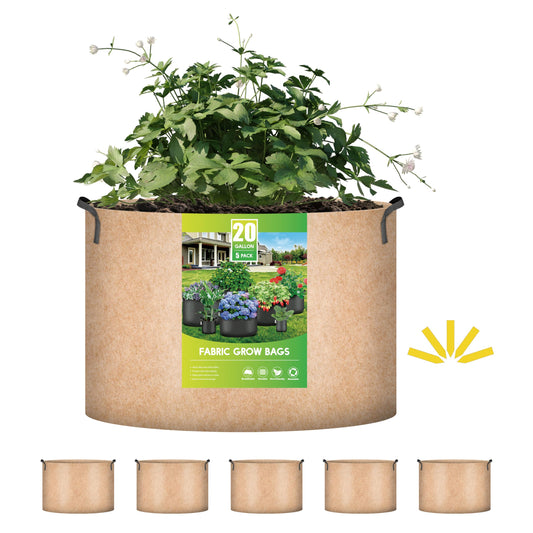 iPower 5-Pack 20 Gallon Plant Grow Bags Thickened Nonwoven Aeration Fabric Pots Heavy Duty Durable Container, Strap Handles for Garden, Tan