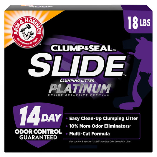 ARM & HAMMER Clump & Seal SLIDE Platinum Multi-Cat Clumping Cat Litter, 14-Day Odor Control, EZ Clean Technology, 18 lbs – No Scrubbing, Powerful Odor Eliminator