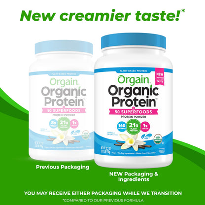 Orgain Organic Vegan Protein + 50 Superfoods Powder, Vanilla Bean - 21g Plant Based Protein, 8g Prebiotic Fiber, No Lactose Ingredients, Gluten Free, No Added Sugar, Non-GMO, 2.02 lb