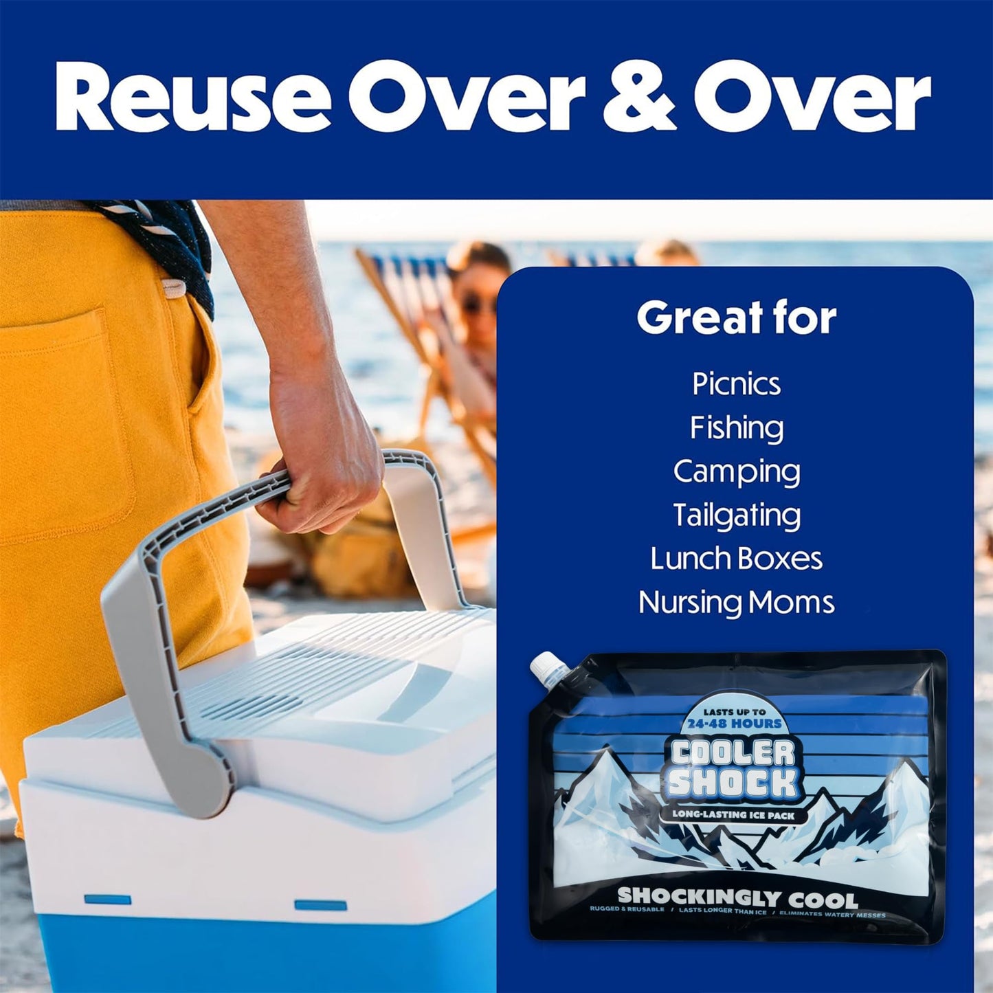 Cooler Shock Ice Packs for Cooler - Long Lasting Reusable Freezer Packs for Coolers - Cooler Ice Packs for Camping Gear, Fishing, Road Trips, Beach Must Haves, Large