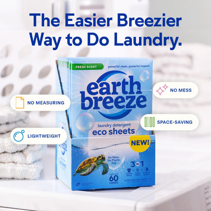 Earth Breeze Laundry Detergent Sheets - 90 Sheets - (3 Pack/30 Each) - 180 Loads - Concentrated Liquidless Laundry Soap - No Plastic Jug - Fresh Scent
