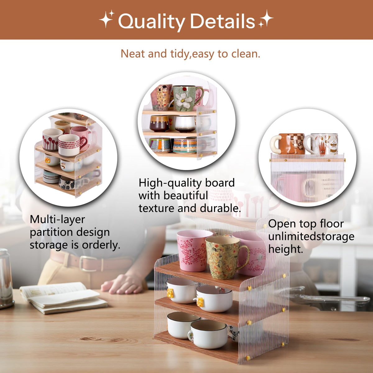 KAOTGOT Coffee Mug Holder Wooden Cup Station Organizer 4-Tier Cup Holder for Coffee Bar Mug Display Rack for Countertop Mug Holder Shelf for Home Kitchen Wood