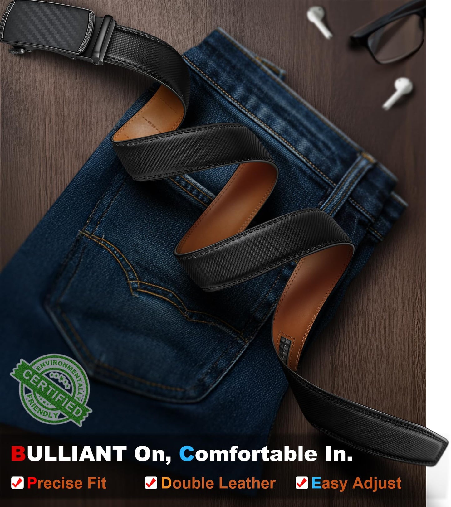 BULLIANT Men's Belt,Slide Ratchet Belt Adjsutable For Men Suit Casual Jeans Gift Boxed,Trim To Fit(Black,38"-44" Waist Adjustable)