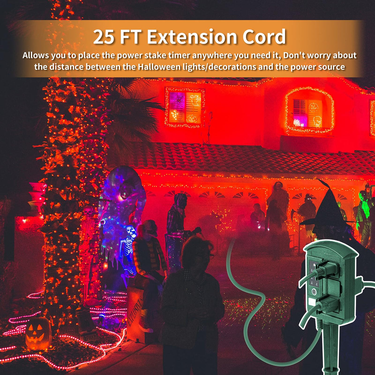 Outdoor Power Stake Timer for Christmas Light Decorations Waterproof, Dusk to Dawn, Outdoor Power Strip with 6 Outlets, 1875W/15A, 100FT Wireless Remote Control, 25FT Extension Cord, Heavy Duty