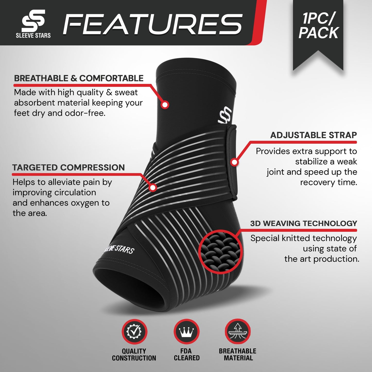 Sleeve Stars Ankle Brace for Sprained Ankle, Plantar Fasciitis Relief Ankle Support for Women, Ankle Compression Sleeve w/ Strap (Single/Black)