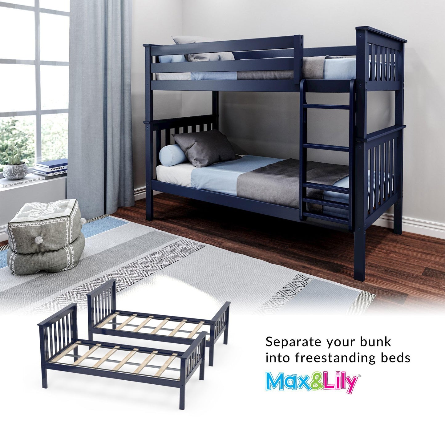 Max & Lily Bunk Bed Twin over Twin, Solid Wood Bunk Bed Frame with Ladder for Kids, 14" Safety Guardrails, Easy Assembly, No Box Spring Needed, Blue
