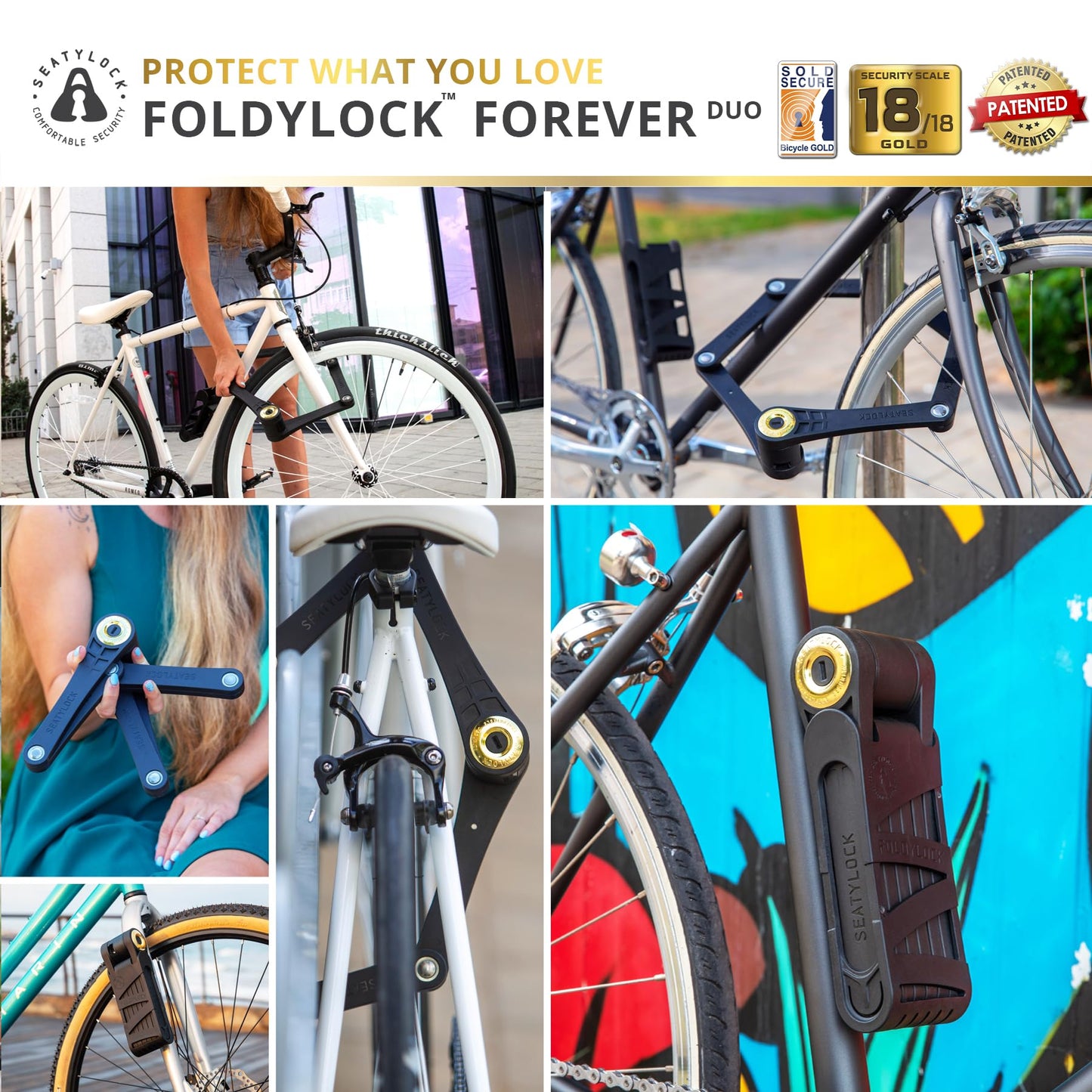 Seatylock FoldyLock Forever Folding Bike Lock Set - Patented 2 Matching Bicycle Locks with 6 Identical Keys - 18/18 Heavy Duty Anti Theft Secure Guard with Keys & Case Mount - 35.4"