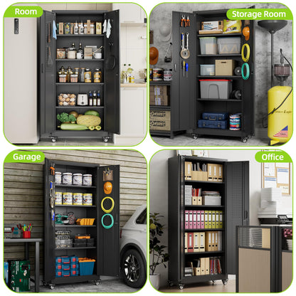 Aobabo 73''H Metal Garage Storage Cabinet with Wheels,Steel Cabinets with 2 Doors and 4 Adjustable Shelves for Home Office,Required Assembly,Black