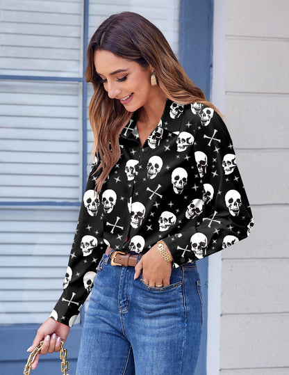 Zeagoo Halloween Shirts for Women Dressy Casual Classic Button Down Blouse Skeleton Graphic Tops Funny Clothes
