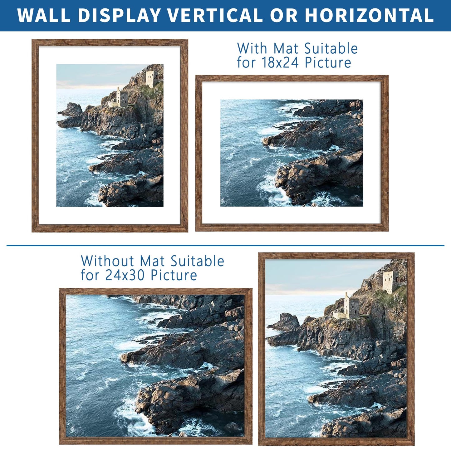 Hongkee 24x30 Frame Set of 2, Rustic Brown Wood Style - Display 18x24 Picture Frame with Mat or 24 x 30 Poster without Mat, Wall Mounting Horizontal and Vertical