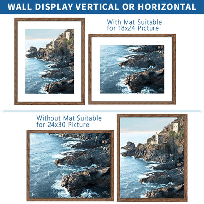 Hongkee 24x30 Frame Set of 2, Rustic Brown Wood Style - Display 18x24 Picture Frame with Mat or 24 x 30 Poster without Mat, Wall Mounting Horizontal and Vertical