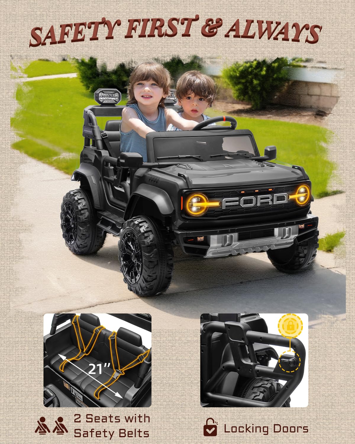 First Ride On 24V Ride on Toys for Big Kids, Licensed Ford Bronco Raptor Electric Car 2 Seater with Remote Control, Kids Ride on Cars w/ 2-Seater, 4.3 Mph Max Speed, Soft Start Function (24V, Black)