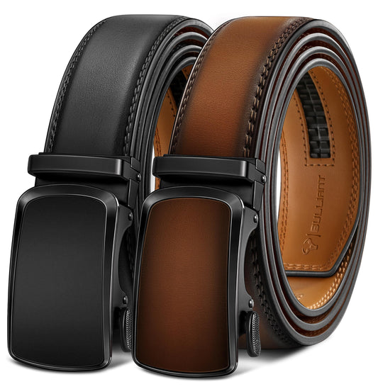 BULLIANT Men's Ratchet Belt 2 Pack-Click Leather Belt Adjustable for Men Gift 1 3/8-Cut for Perfect Fit(Black/Light Brown,32"-38" Waist Adjustable)