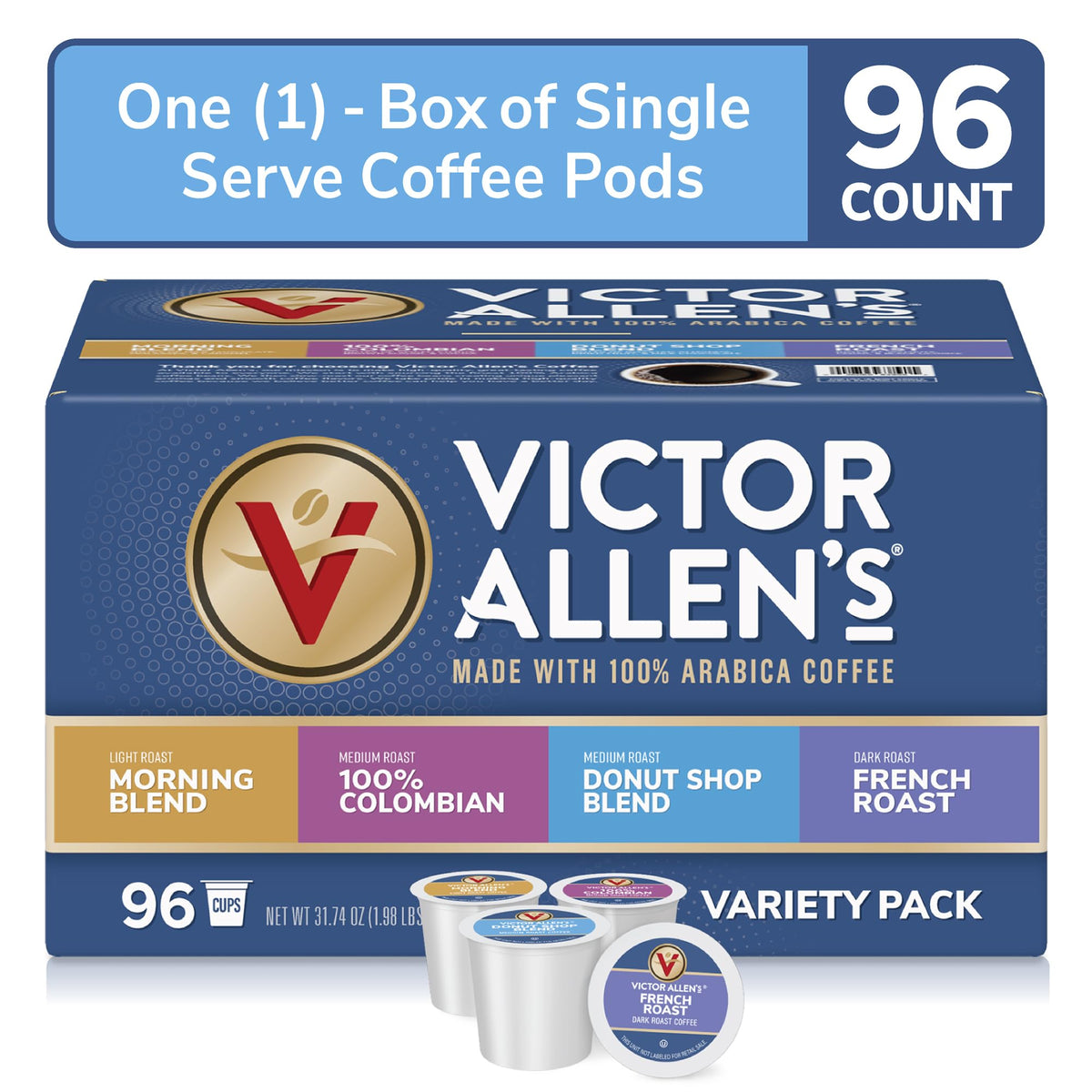 Victor Allen's Coffee Variety Pack (Morning Blend, 100% Colombian, Donut Shop Blend, and French Roast), 96 Count, Single Serve Coffee Pods for Keurig K-Cup Brewers