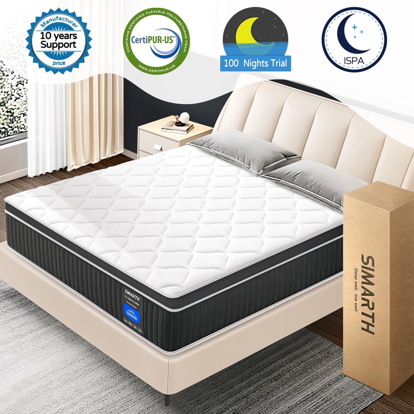 SIMARTH 12 Inch Full Size Mattress in a Box, Upgrade Strengthen Hybrid Full Mattresses with Memory Foam and Individually Pocketed Springs for Support and Pressure Relief, Medium Firm