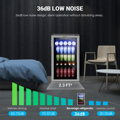 EUHOMY Beverage Refrigerator Cooler, 130 Can Mini Fridge with Glass Door for Soda Beer or Wine, Beverage Cooler for Home, Office, Bar with Adjustable Removable Shelves, Silver