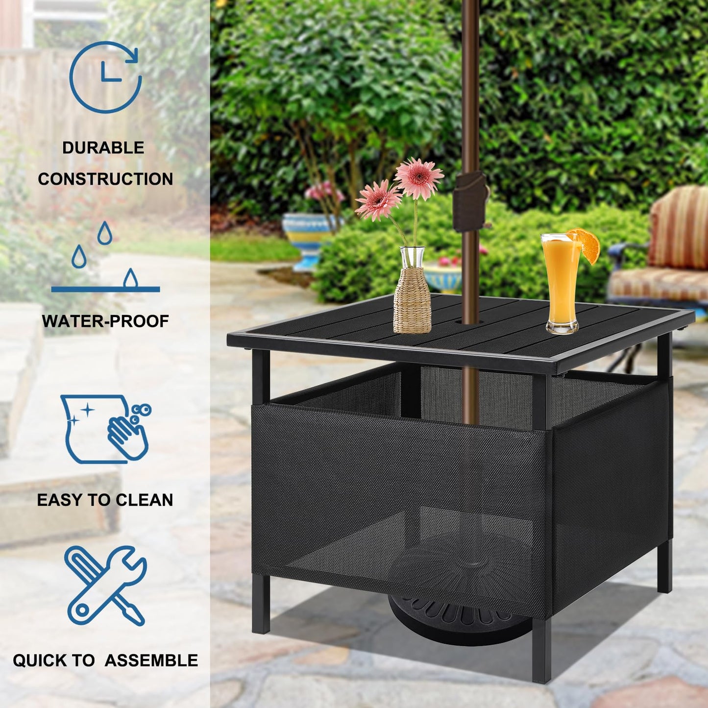 LZRS Adirondack Square Side Table with Umbrella Hole, Pool Composite Patio Table,HDPE End Tables for Backyard,Pool, Indoor Companion, Easy Maintenance & Weather Resistant(Black)
